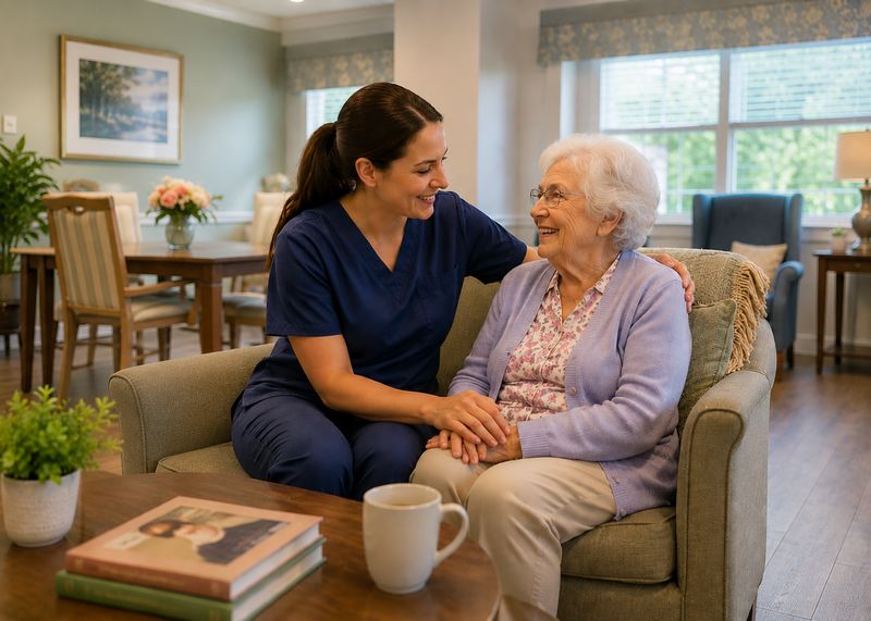 Caring staff with resident at Westpark a Waters Community